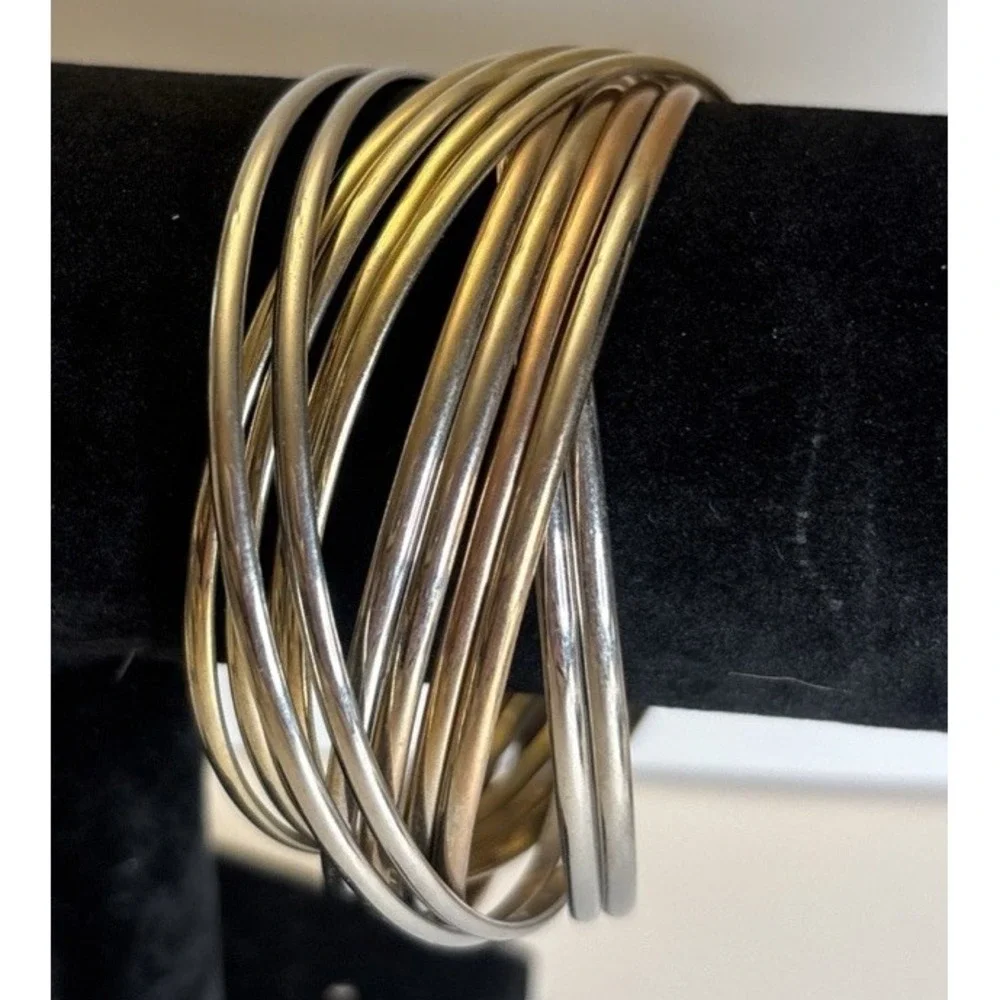Vintage 12 Interlocking Bangles Bracelet Gold Silver Copper Tones